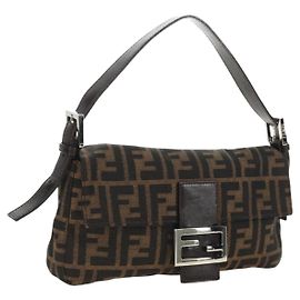 FENDI Zucca Canvas Mamma Baguette Shoulder Bag Black Brown Auth 185313M