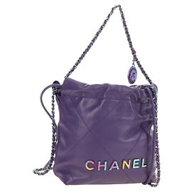 CHANEL Chanel 22 Mini Matelasse Chain Bag Calf Skin 2way Purple CC Auth 185411SM
