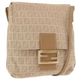 Borsa a tracolla FENDI Zucchino Canvas Mamma Baguette Beige Oro Auth 186319A