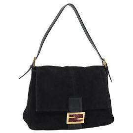 Borsa a tracolla FENDI Mamma Baguette in scamosciato nero con dettagli dorati Autentica 187561SAM