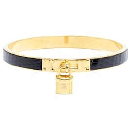Hermès Bracelet Kelly Bangle Cuir Noir Métal Doré