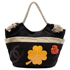 Chanel Tote Cabas Brown 2004 Cruise Camellia CC Clover Rope