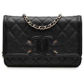 Chanel Black Caviar CC Filigree Wallet On Chain