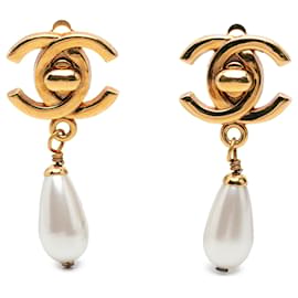 Chanel Gold CC Gold Plated Faux Pearl Drop Turn Lock Clip On Earrings