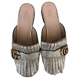 Gucci Gold Lamé Leather Fringe Mules