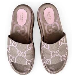 Gucci GG Supreme Canvas Wedge Sandals - Beige/Pink