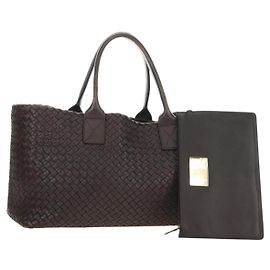 BOTTEGA VENETA INTRECCIATO Cabas MM Hand Bag Couro Marrom Autêntico 185332SM