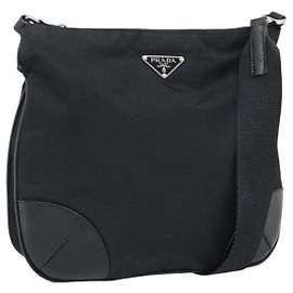 PRADA Schultertasche Nylon Schwarz Silber Auth 186118