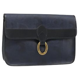 Clutch Vintage Christian Dior Trotter Canvas PVC Blu Navy Oro Auth 187390