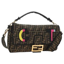 FENDI Zucca Canvas Mamma Baguette Shoulder Bag 2way Black Brown Auth 185598SM