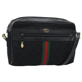 Borsa a tracolla GUCCI GG Canvas Web Sherry Line Nero Rosso Verde Auth ka4825