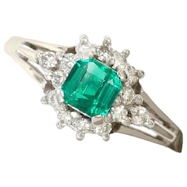 Autre Marque Platin-Ring mit Diamant und Smaragd
