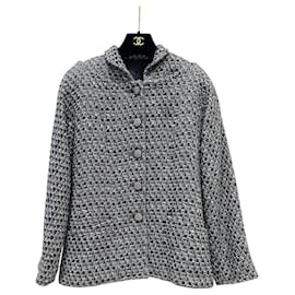 Chaqueta de Tweed Chanel 2013 Black White Silver Lurex - Talla S De segunda mano