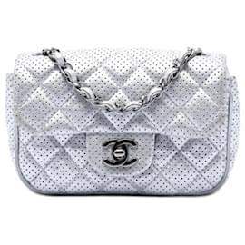 Chanel Mini Square Classic in Lambskin Perforato Single Flap Argento
