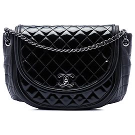 Chanel Black Quilted Patent and Lambskin Twist Crescent Flap