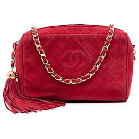 Chanel Red CC Quilted Suede Tassel Diamond Camera Bag