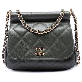 Chanel Green Small CC Quilted Caviar Bar Flap Clutch mit Kette
