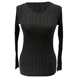 Totême V-Ausschnitt Rippstrickpullover aus grauer Wolle