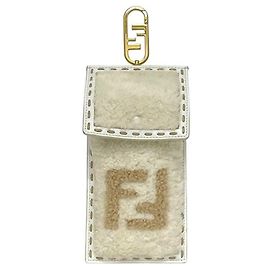 Pochette per telefono Fendi in pelle e pelliccia beige bianco