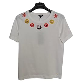 T-shirt Escada bianca in cotone con fiori in strass