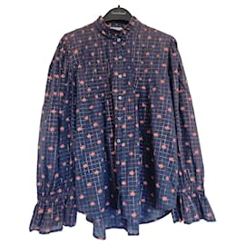 Autre Marque Fragonard Bluse mit blau-rosa Karomuster und Blumenprint