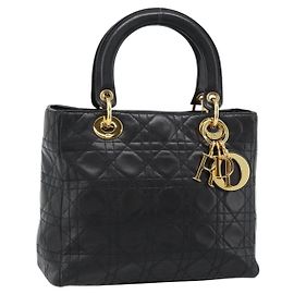 Borsa Christian Dior Lady Dior in pelle di agnello nera e oro Auth 186836SAV