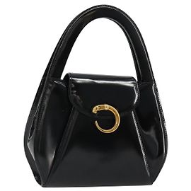 CARTIER PANTHERE Hand Bag Patent leather Black Silver Auth 186858A