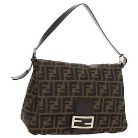 FENDI Zucca Canvas Mamma Baguette Shoulder Bag Black Brown Auth 185309M