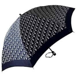 Ombrello Vintage Dior stampa Oblique blu navy bianco manico dorato