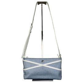 Sac bandoulière vintage Courreges en denim avec bordure en cuir bleu clair blanc