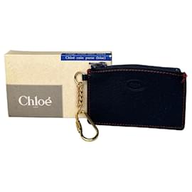 Portafoglio porta monete in pelle vintage Chloé blu navy con cuciture rosse e dettagli dorati