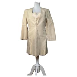 Abrigo vintage Celine de satén de seda crema con detalles de cadena plateada M - Céline