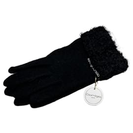 Guantes de lana vintage Courreges negros con ribete de pelo Nuevos con etiqueta