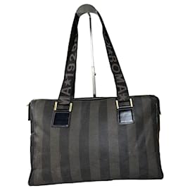 Tote de lona revestida vintage Fendi Marrom escuro Preto Dourado