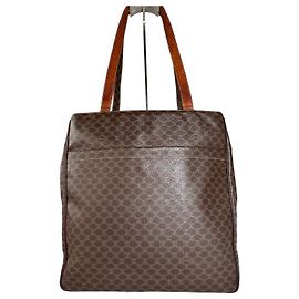 Céline Tote Vintage Celine en toile enduite, bordure en cuir marron, détails dorés