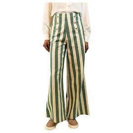 Autre Marque Pantalones de rayas de talle alto verde y beige - talla S
