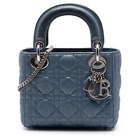 Lady Dior Cannage aus irisierendem Lammleder in Blau mini