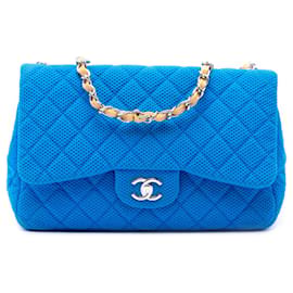 Chanel Blue Jumbo Classic Perforated Jersey Single Flap