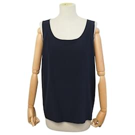 TOP VINTAGE CHANEL SIN MANGAS BOTONES LOGO CC 268201H23 L 42 SEDA AZUL