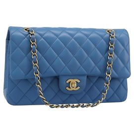 CHANEL Borsa Chain Double Flap Matelassé 25 in pelle di agnello blu e oro CC Auth 187037SAM