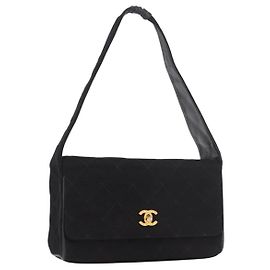 CHANEL Matelasse Shoulder Bag Cotton Black Gold CC Auth 186116V