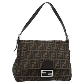 Borsa a Spalla FENDI Mamma Baguette in Tela Zucca Nero Marrone Autentica 186037SAM