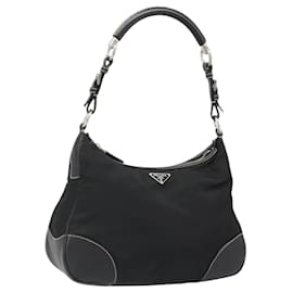 Borsa a Spalla PRADA Nylon e Pelle Nera Argento Auth 179529A