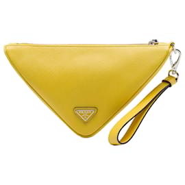 Prada Yellow Saffiano Logo Embossed Triangle Wristlet Pouch