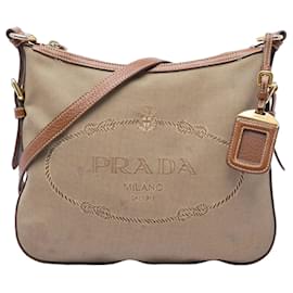 Borsa a tracolla Prada in tela beige Canapa con logo
