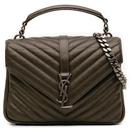 Borsa College Saint Laurent in pelle di pecora trapuntata chevron marrone Medium