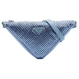 Borsa a tracolla Prada in raso blu con decorazioni in cristallo e triangolo