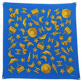 PAÑUELO CHANEL MOTIVO LOGO CC ESTRELLA LUNA CUADRADO 90 SEDA AZUL SILK SCARF - Chanel