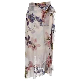 Falda midi cruzada de malla con volantes Ganni con estampado floral de poliamida