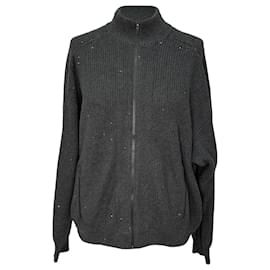 Brunello Cucinelli Strickjacke mit durchgehendem Reißverschluss aus grauer Baumwolle mit Rippenstruktur